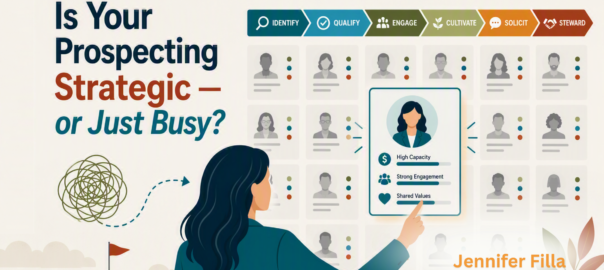 Graphic illustration of a nonprofit professional selecting one high-potential donor profile from a large prospect pipeline. The headline reads, “Is Your Prospecting Strategic, or Just Busy?” A winding path and target symbolize moving from scattered activity toward focused fundraising strategy.