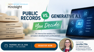 Promotional webinar graphic comparing traditional prospect research methods with generative AI tools. On the left, stacked folders labeled with public records categories such as property records, business filings, court records, voter registration, and donor history represent traditional research sources. On the right, a laptop screen displays a stylized artificial intelligence interface with research-related icons and keywords. Centered between the two is the webinar title, “Public Records vs. Generative A.I. — You Decide.” The graphic includes key topics such as real-world search scenarios, live polls, practical takeaways, and ethical decision-making. A speaker headshot appears in the lower right with the name Jennifer Filla, CEO of Aspire Research Group and President of the Prospect Research Institute. The footer displays the webinar date and time: Thursday, October 22, 2026, from noon to 1:00 p.m. Eastern, along with registration information.
